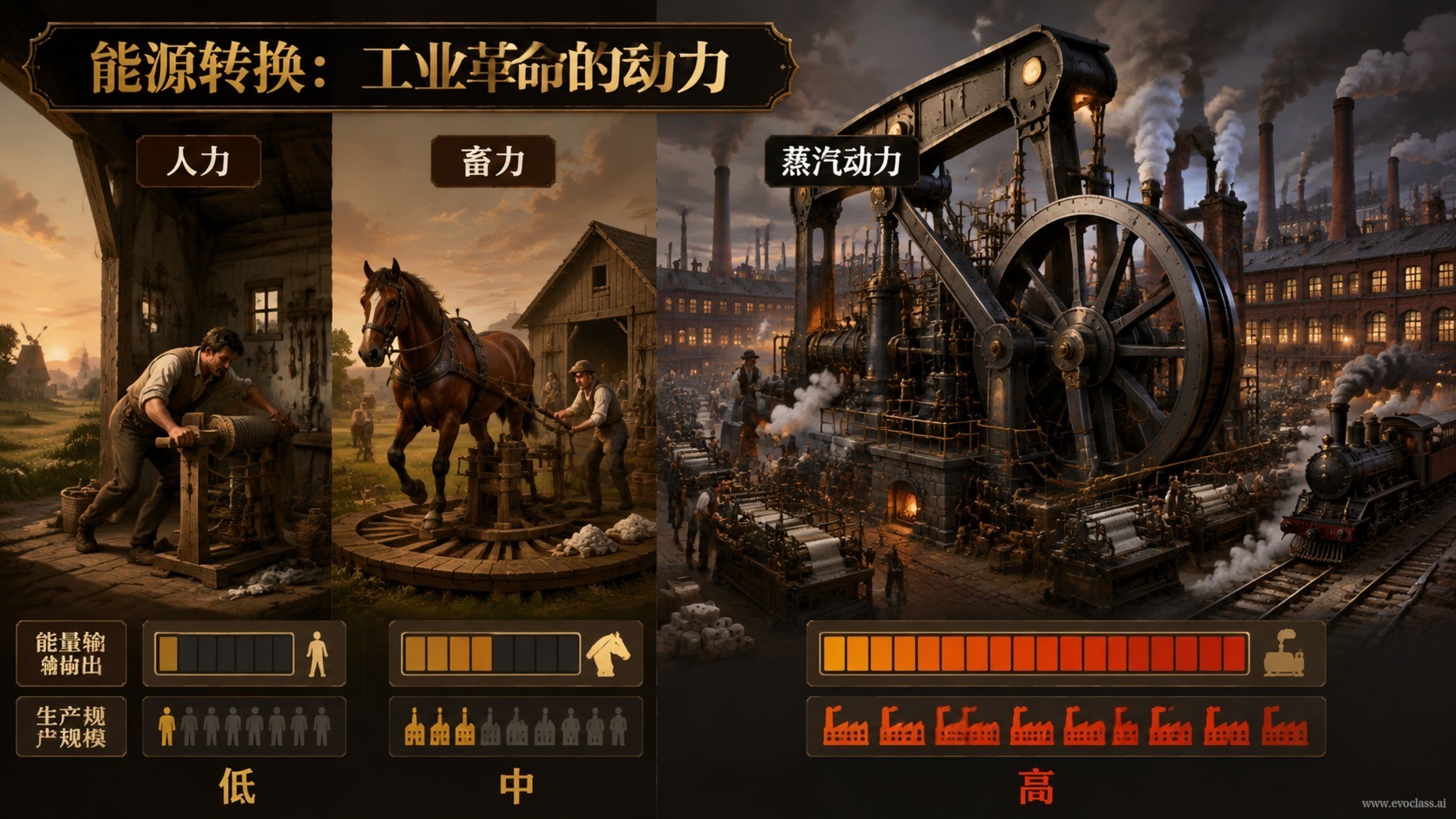 对比图:人力、畜力与蒸汽动力的能量输出与生产规模对比